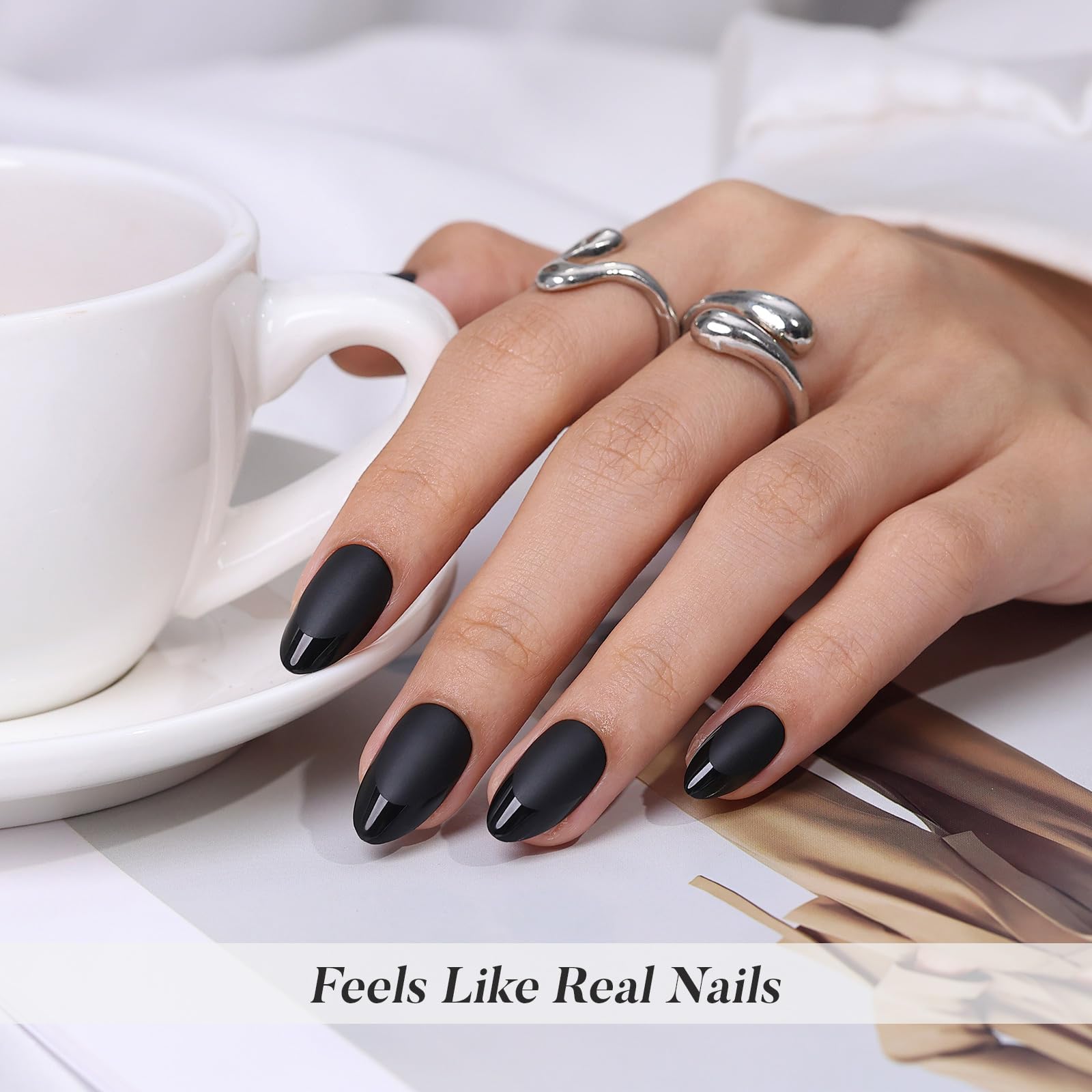 ShangMeng Soft Gel Almond Nails – Matte Black Press-On with Glossy French Tips (32 Reusable Nails)