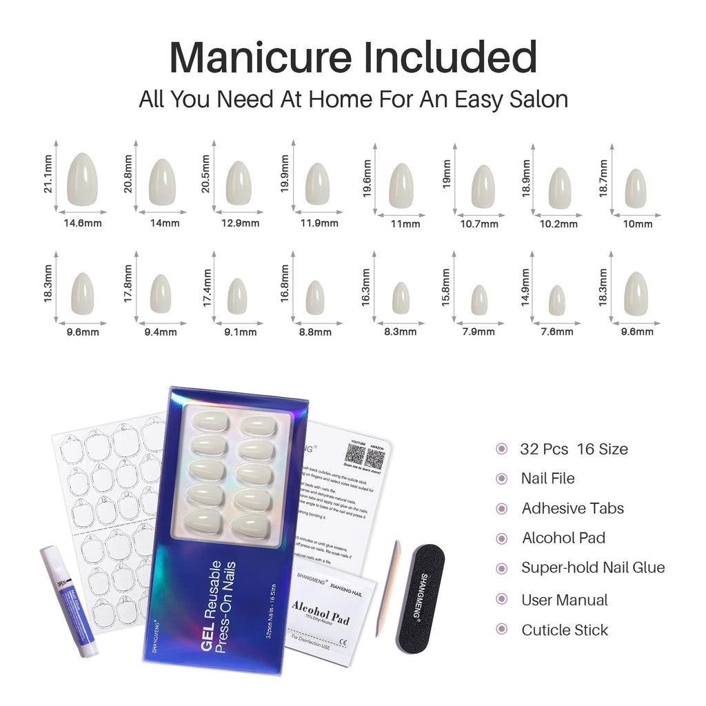 ShangMeng White Soft Gel Almond Press-On Nails – 32 Reusable Nails in 16 Sizes