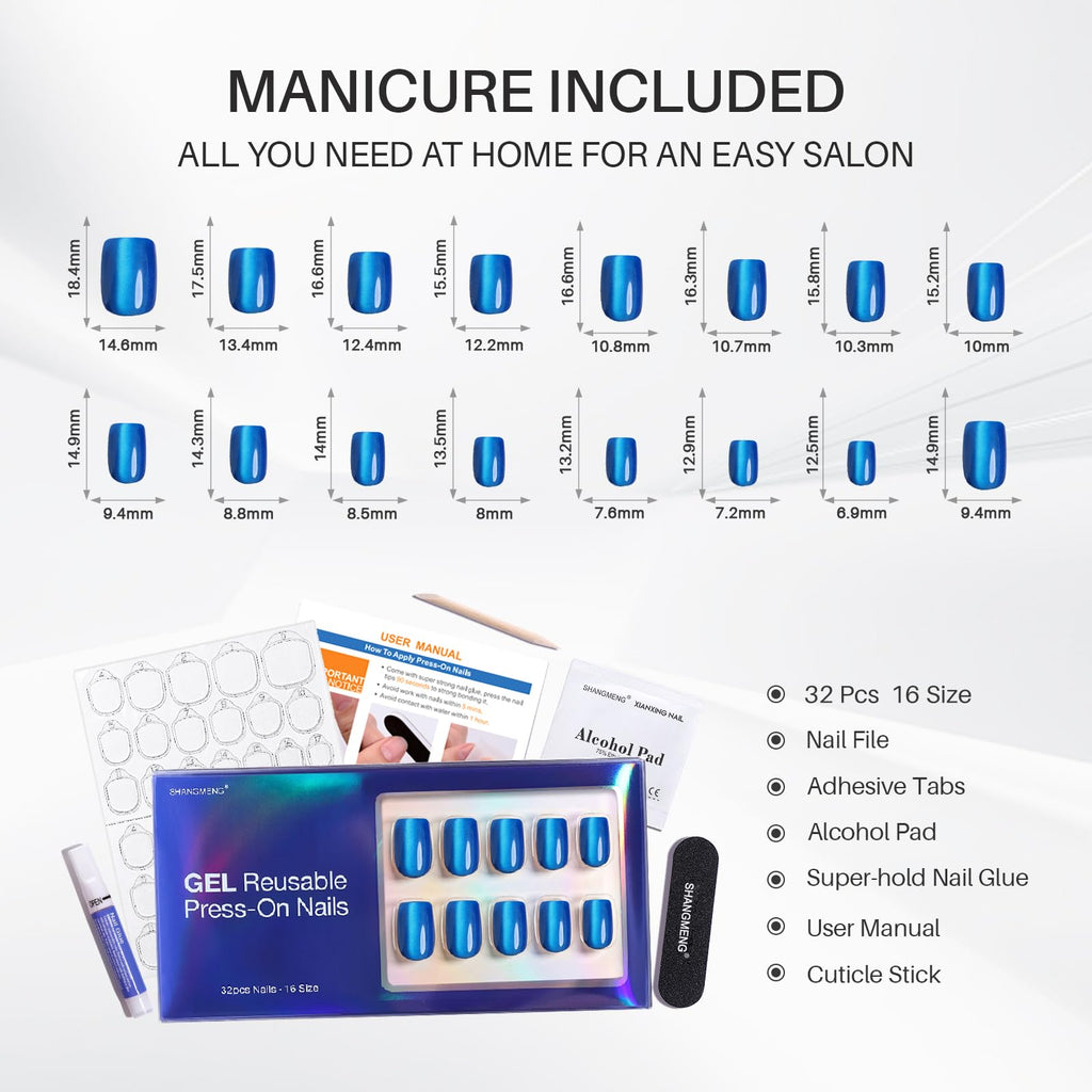 ShangMeng Blue Cat Eye Press-On Nails Square - Short Gel Nails Royal Blue, 32 Reusable, 16 Sizes