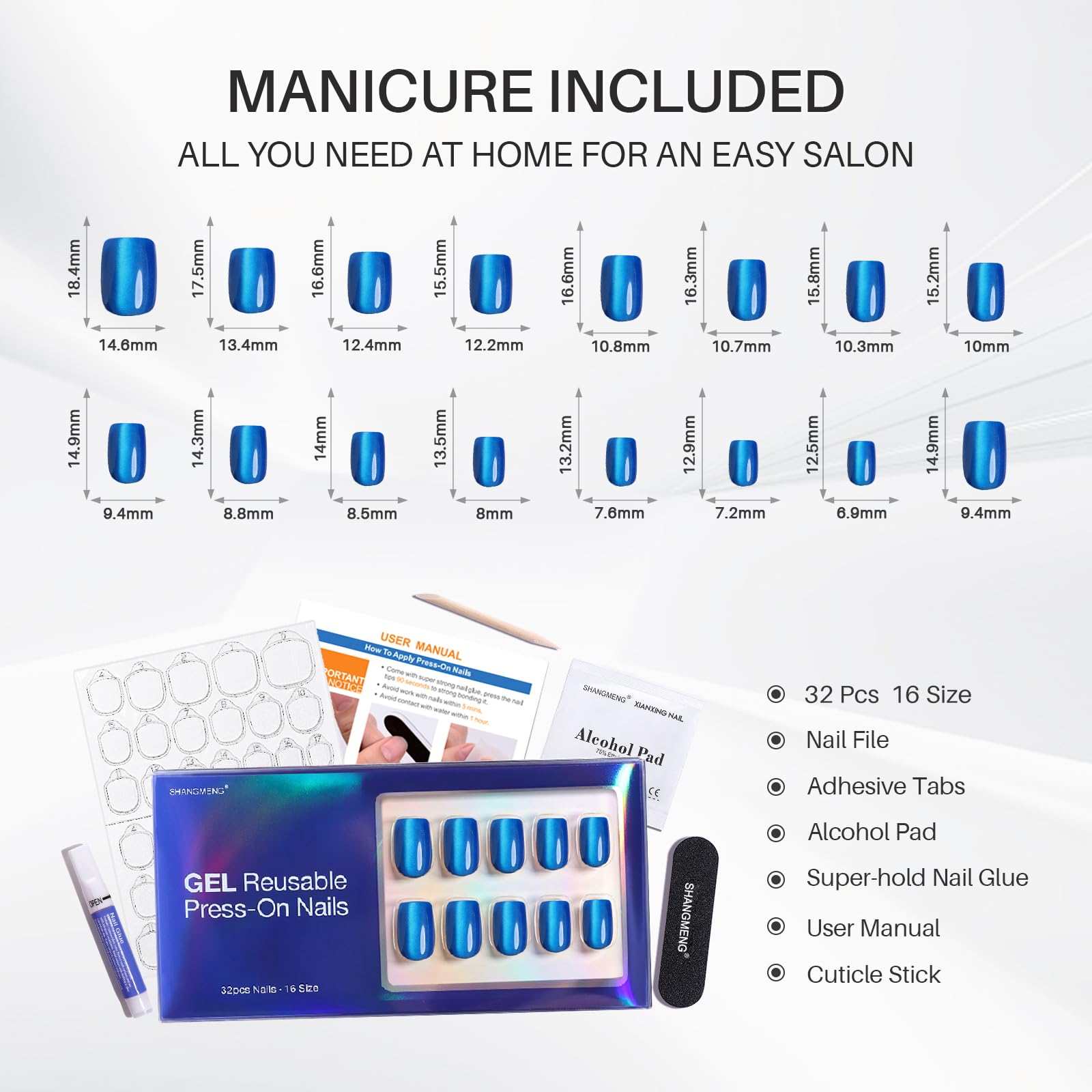 ShangMeng Blue Cat Eye Press-On Nails Square - Short Gel Nails Royal Blue, 32 Reusable, 16 Sizes