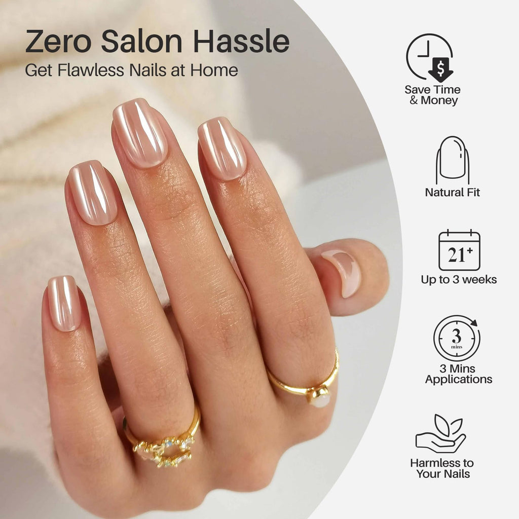 ShangMeng Nude Chrome Press on Nails Square – Soft Gel Short, 32 Reusable Nails, 16 Sizes