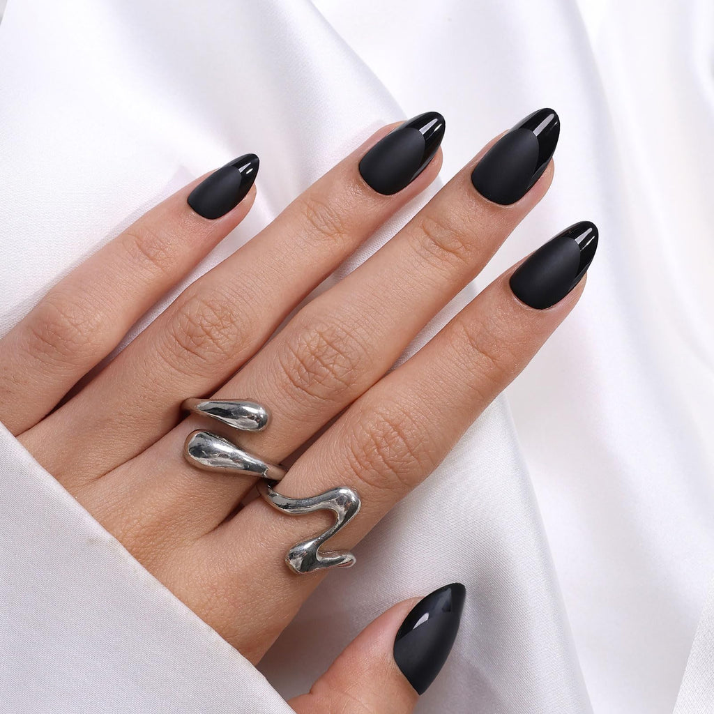ShangMeng Soft Gel Almond Nails – Matte Black Press-On with Glossy French Tips (32 Reusable Nails)