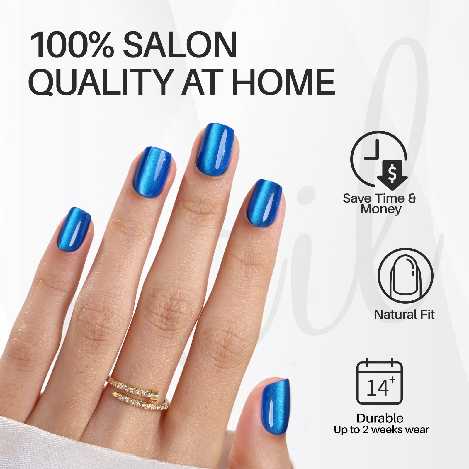 ShangMeng Blue Cat Eye Press-On Nails Square - Short Gel Nails Royal Blue, 32 Reusable, 16 Sizes