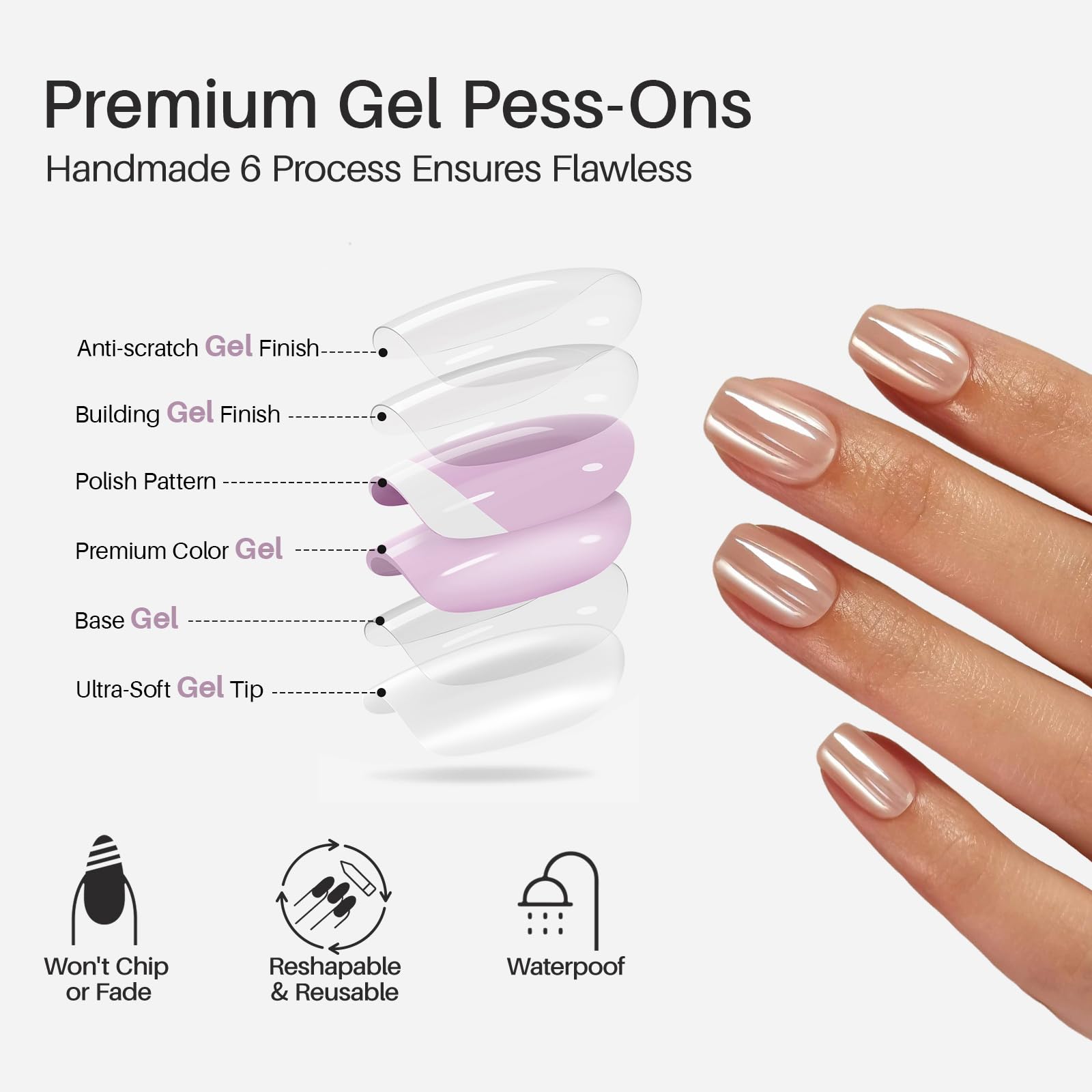 ShangMeng Nude Chrome Press on Nails Square – Soft Gel Short, 32 Reusable Nails, 16 Sizes