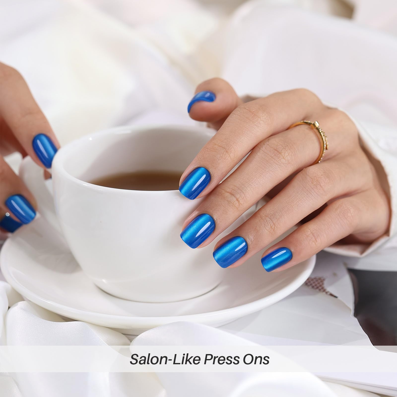 ShangMeng Blue Cat Eye Press-On Nails Square - Short Gel Nails Royal Blue, 32 Reusable, 16 Sizes