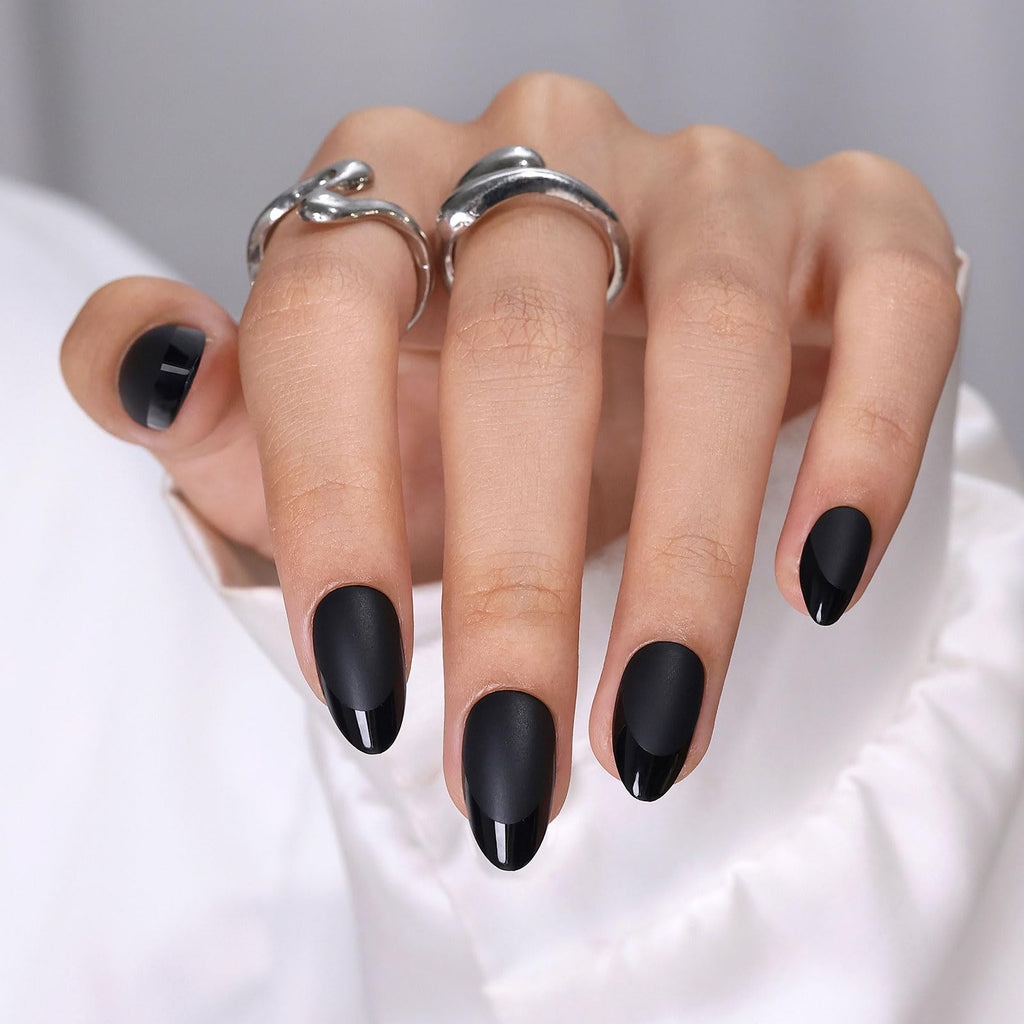 ShangMeng Soft Gel Almond Nails – Matte Black Press-On with Glossy French Tips (32 Reusable Nails)