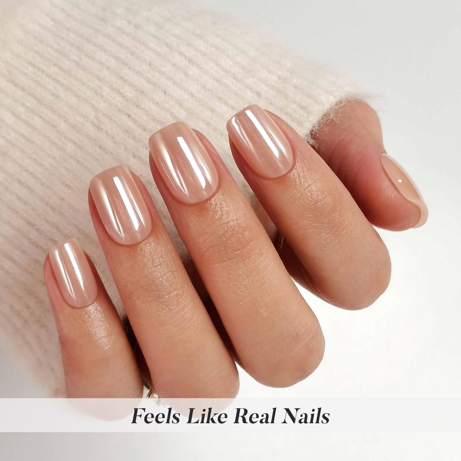 ShangMeng Nude Chrome Press on Nails Square – Soft Gel Short, 32 Reusable Nails, 16 Sizes