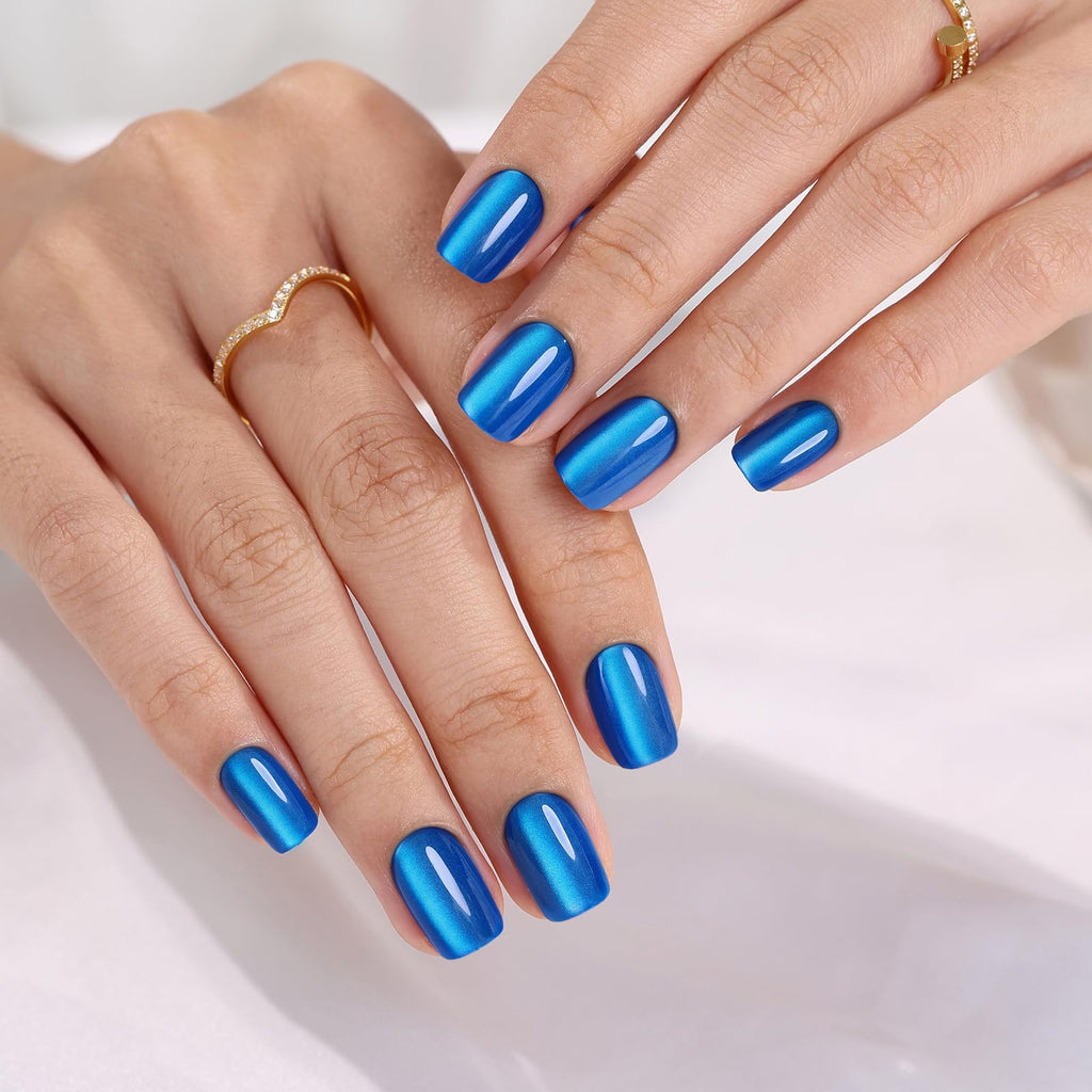 ShangMeng Blue Cat Eye Press-On Nails Square - Short Gel Nails Royal Blue, 32 Reusable, 16 Sizes