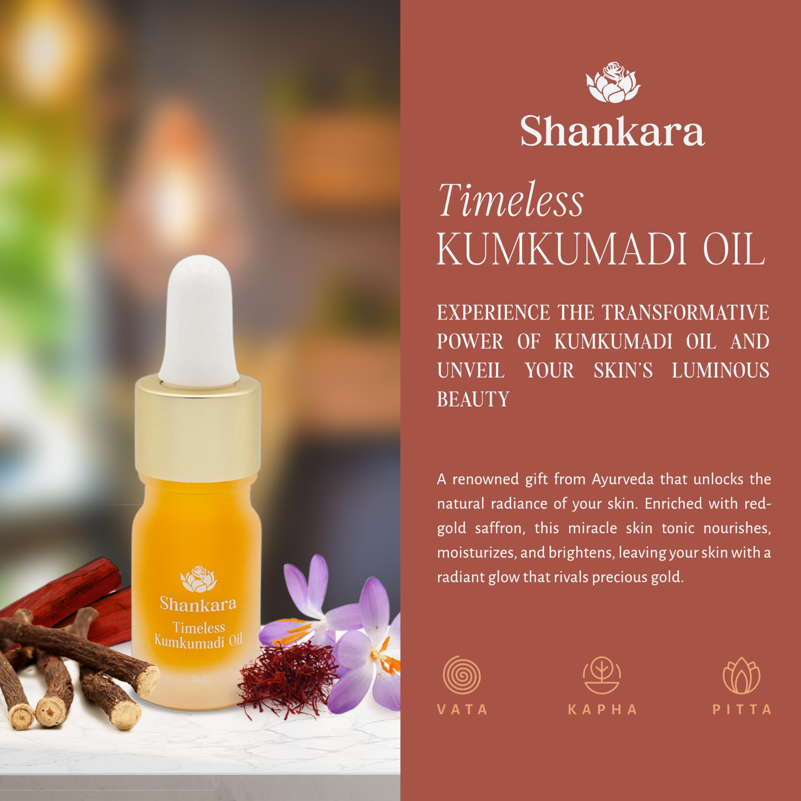Shankara Kumkumadi Oil for Face – 32 Ayurvedic Flowers, Saffron, 5ml | Gua Sha Facial Oil