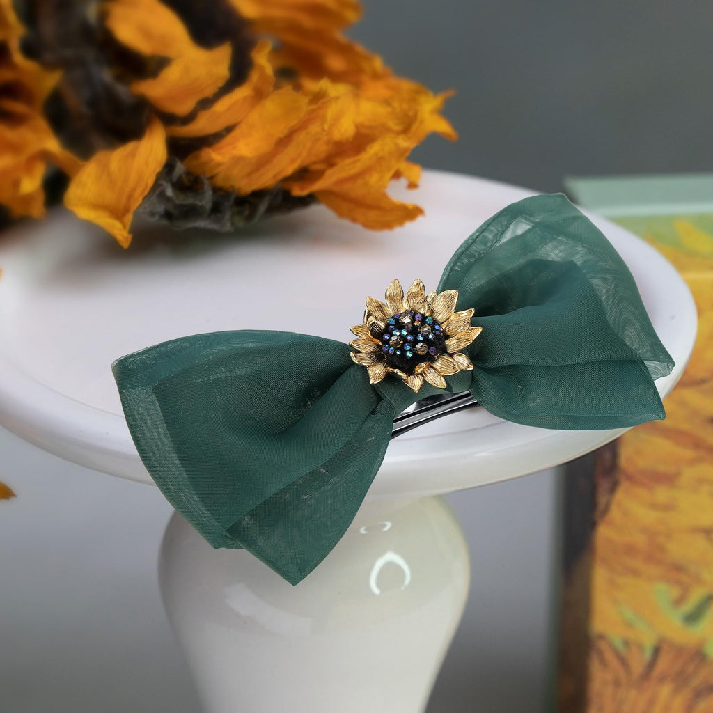 SHE'S FREE STYLE JUST FOR YOU Multi-layer Bow Hair Clip – Van Gogh Sunflower Beaded Crystal Clip, Green