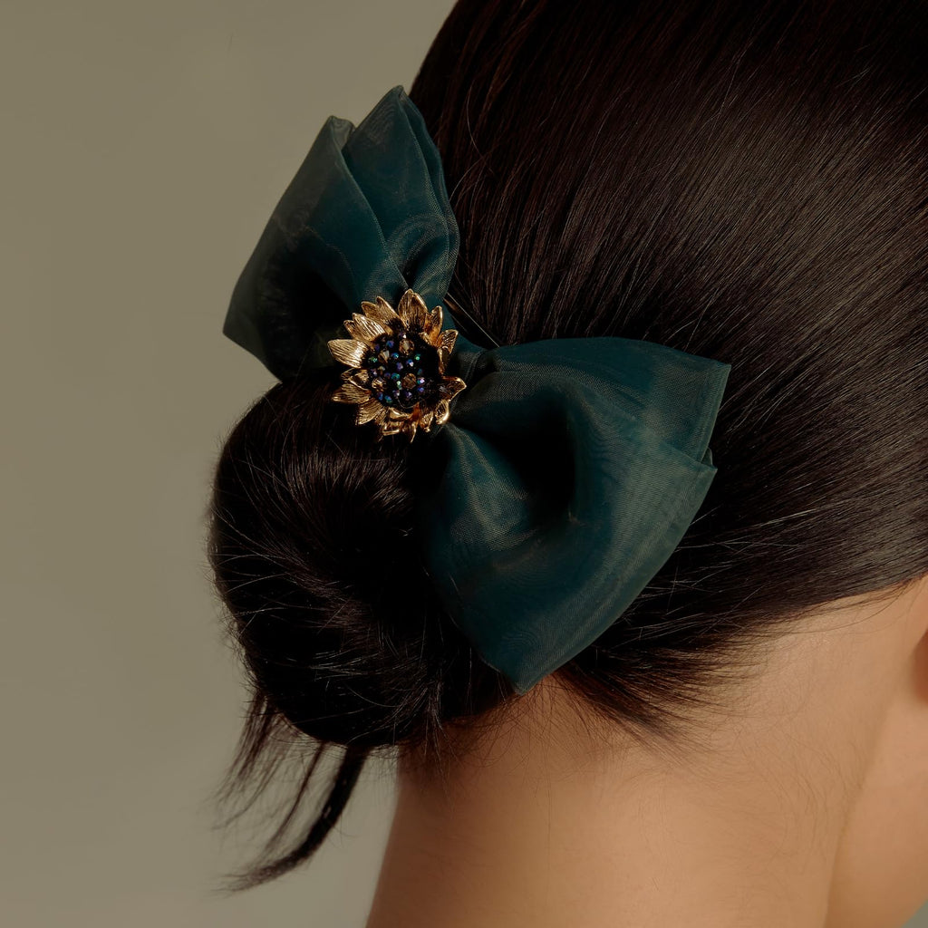 SHE'S FREE STYLE JUST FOR YOU Multi-layer Bow Hair Clip – Van Gogh Sunflower Beaded Crystal Clip, Green