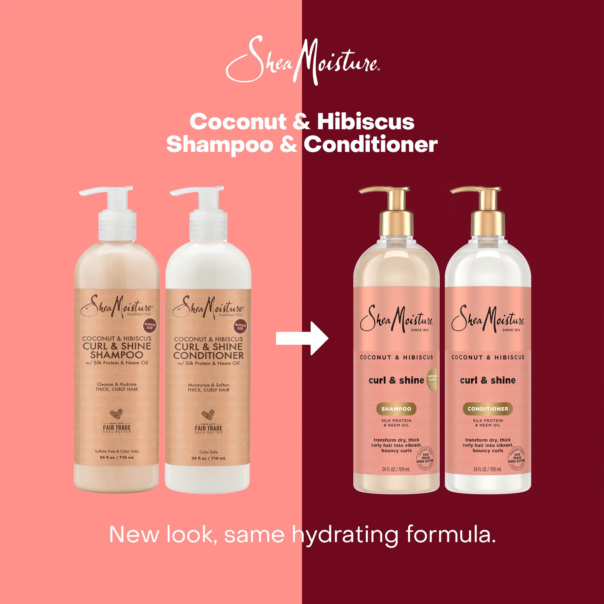 SheaMoisture Coconut & Hibiscus Curl & Shine Shampoo & Conditioner – Curl-Defining, Frizz Control, 24 oz Family Size
