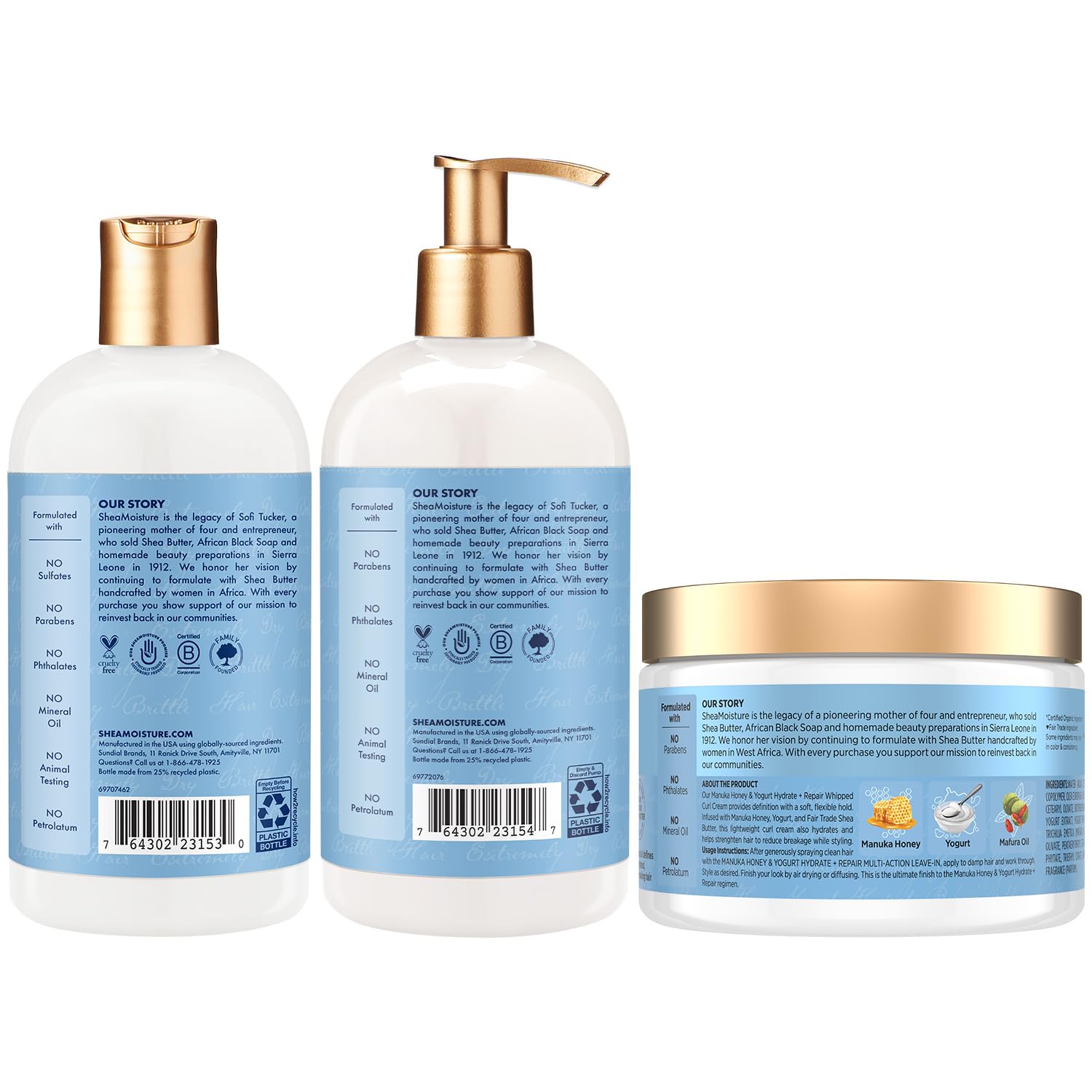 SheaMoisture Manuka Honey Yogurt Hydrate & Repair Shampoo + Conditioner + Whipped Curl Cream for Curly Hair – Frizz Control
