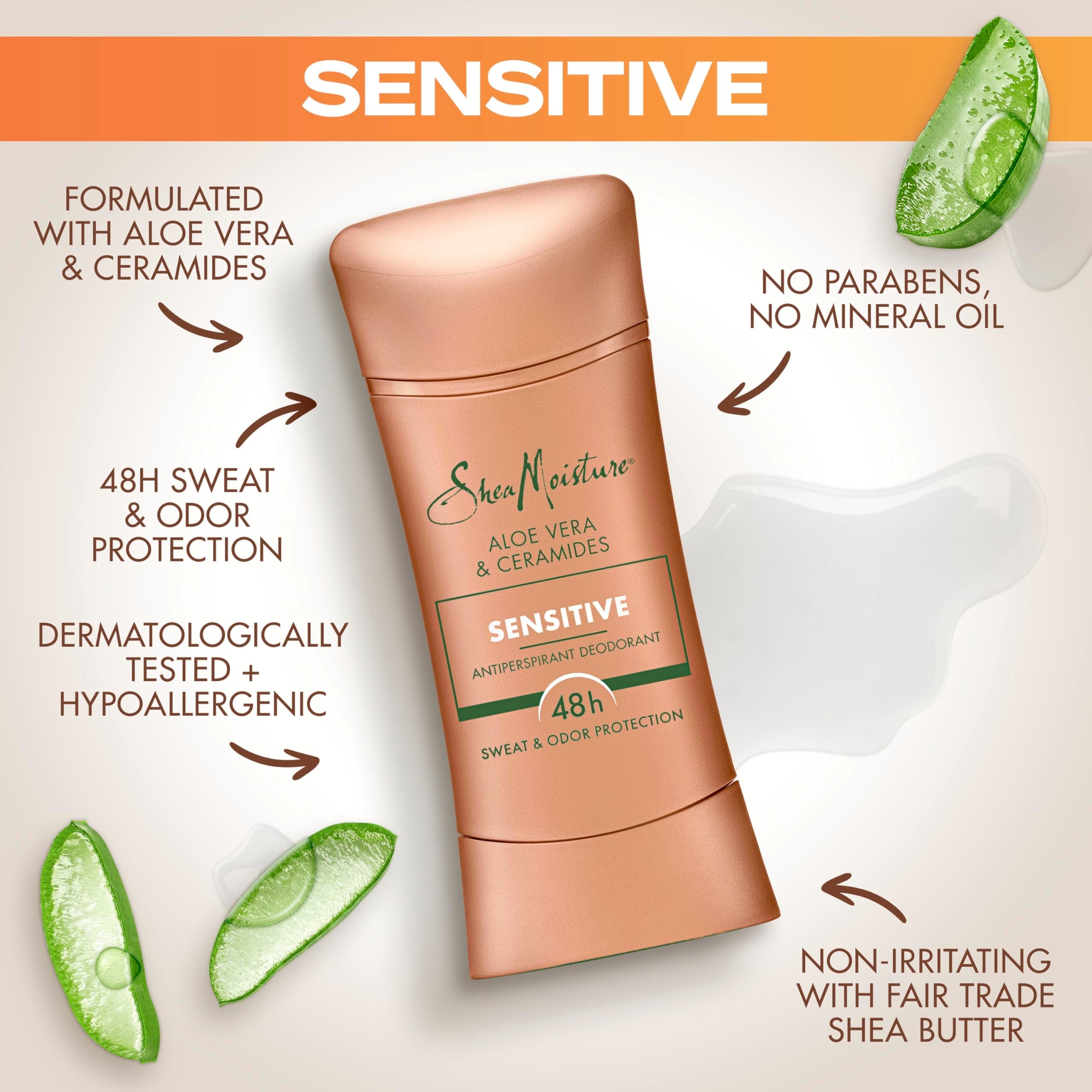 SheaMoisture Antiperspirant Deodorant Stick – Sensitive Aloe Vera & Ceramides (2 Count, 2 x 2.6 oz) 48HR Protection | No Parabens, No Mineral Oil