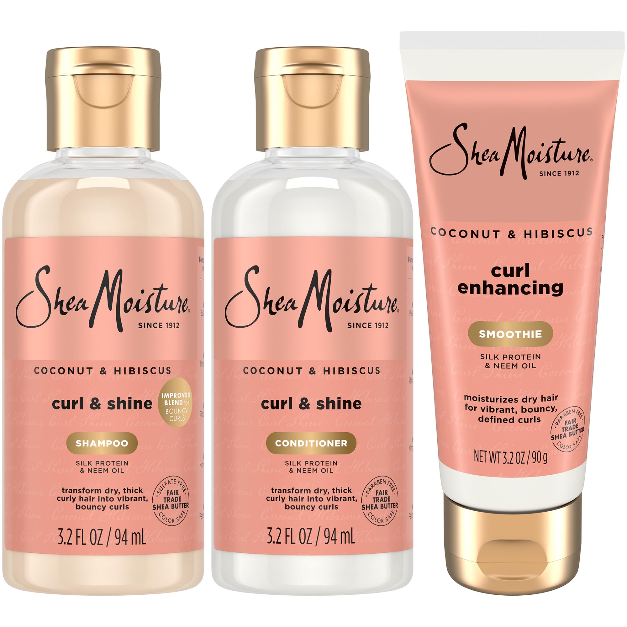 SheaMoisture Travel Essentials Hair Care Bundle – Coconut & Hibiscus Shampoo, Conditioner, Curl Enhancing Smoothie