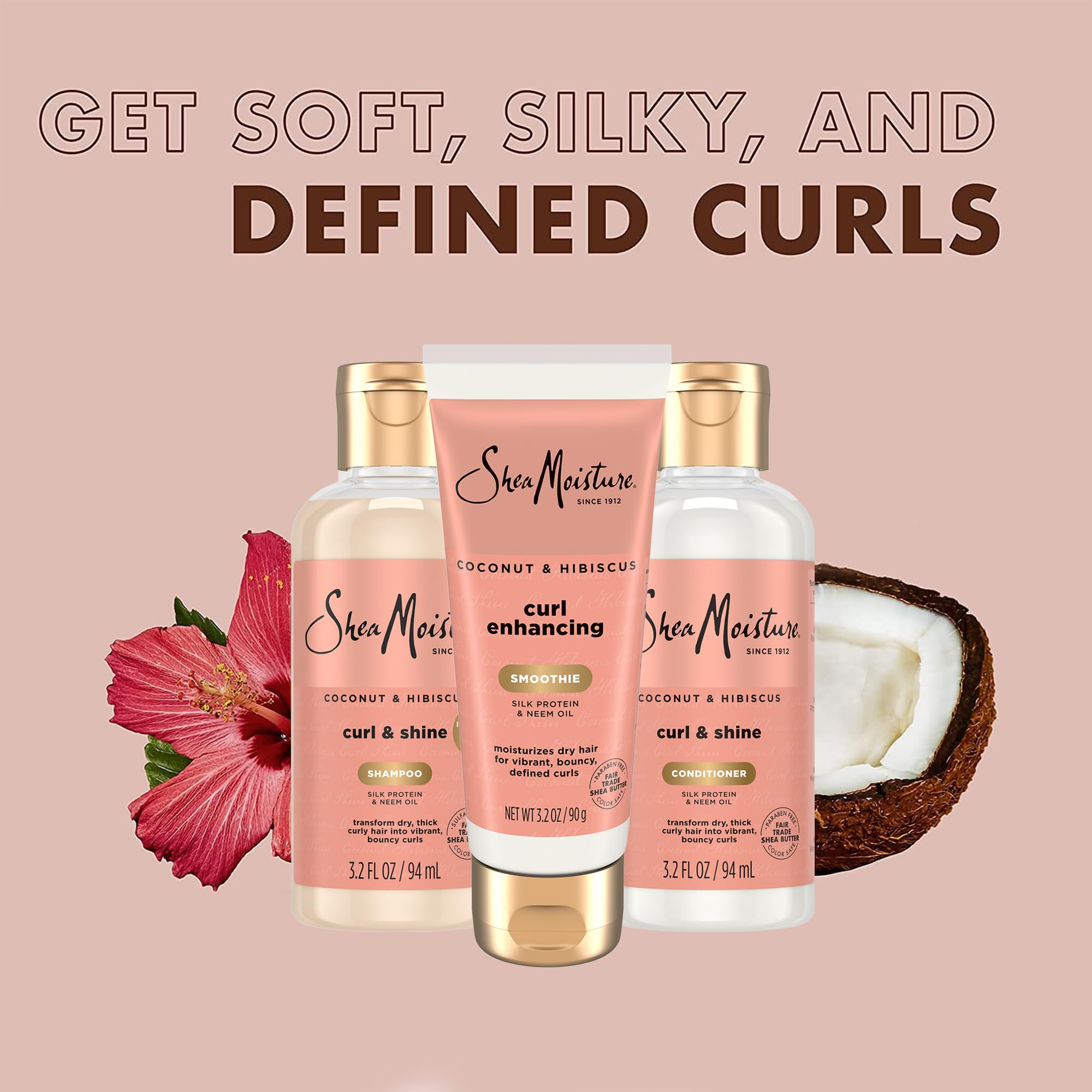 SheaMoisture Travel Essentials Hair Care Bundle – Coconut & Hibiscus Shampoo, Conditioner, Curl Enhancing Smoothie