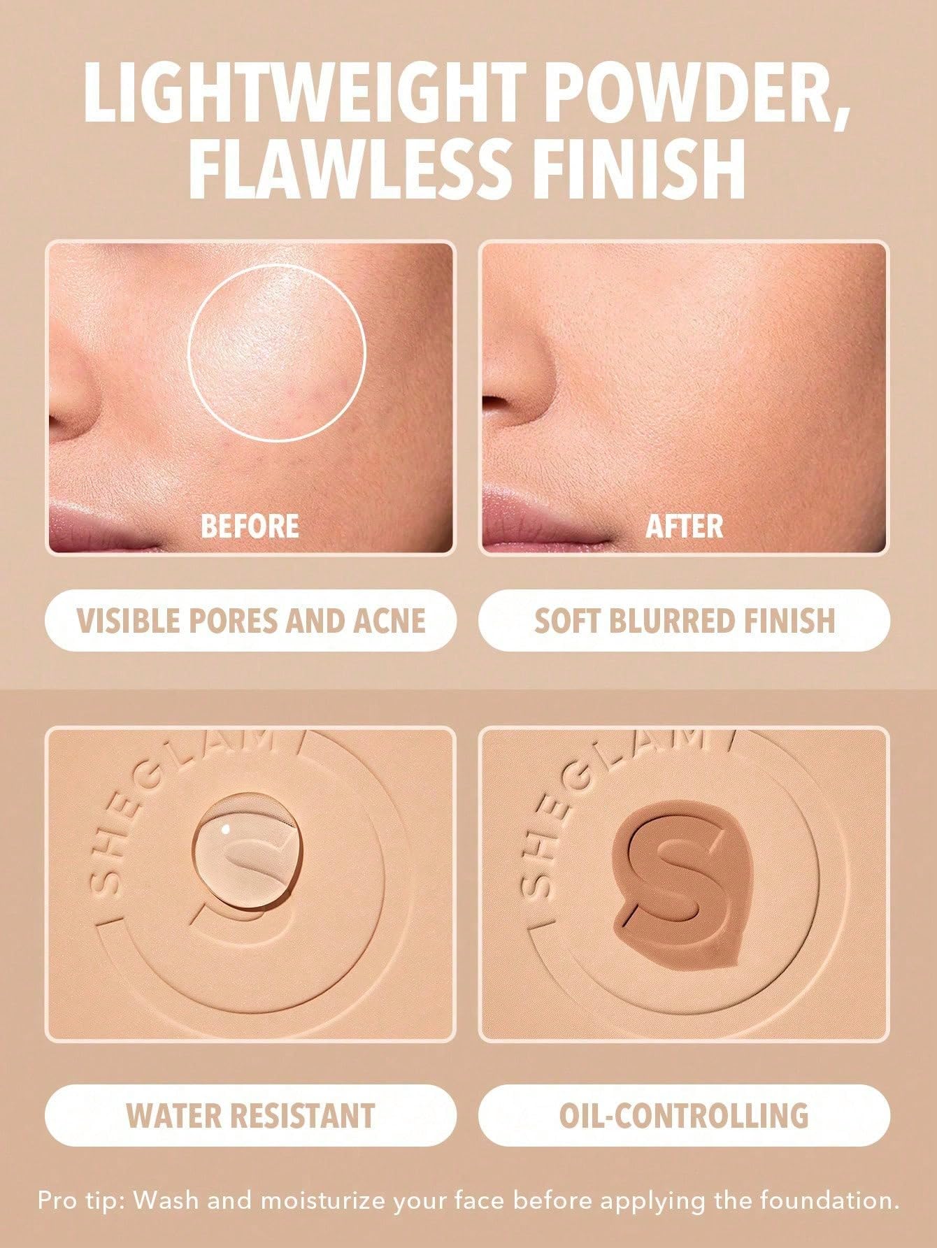 SHEGLAM Skin-Focus Full Coverage Powder Foundation – Oil-Control, Matte, Peach