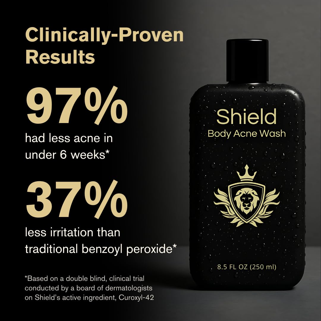 Shield Men’s Acne Body Wash for Back & Shoulders – Unscented, 4% Benzoyl Peroxide (8.5 oz)