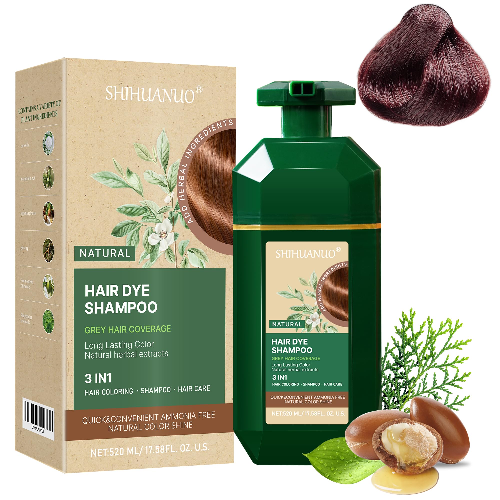 SHIHUANUO 3in1 Hair Dye Shampoo Cherry Brown - Ammonia-Free Gray Coverage (520ml)