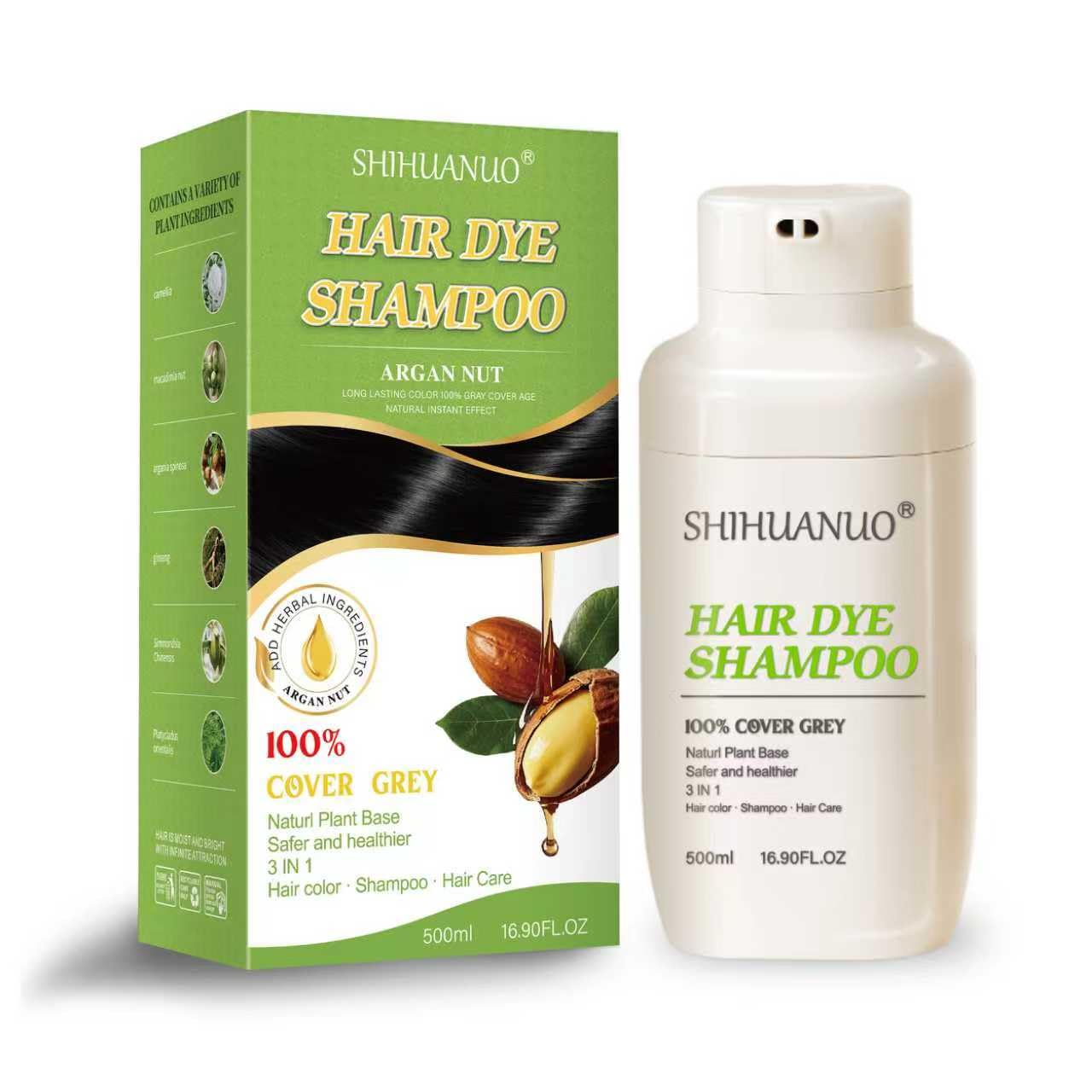 SHIHUANUO 3-in-1 Hair Dye Shampoo for Gray Coverage – Black, Argan Nut, 500ml