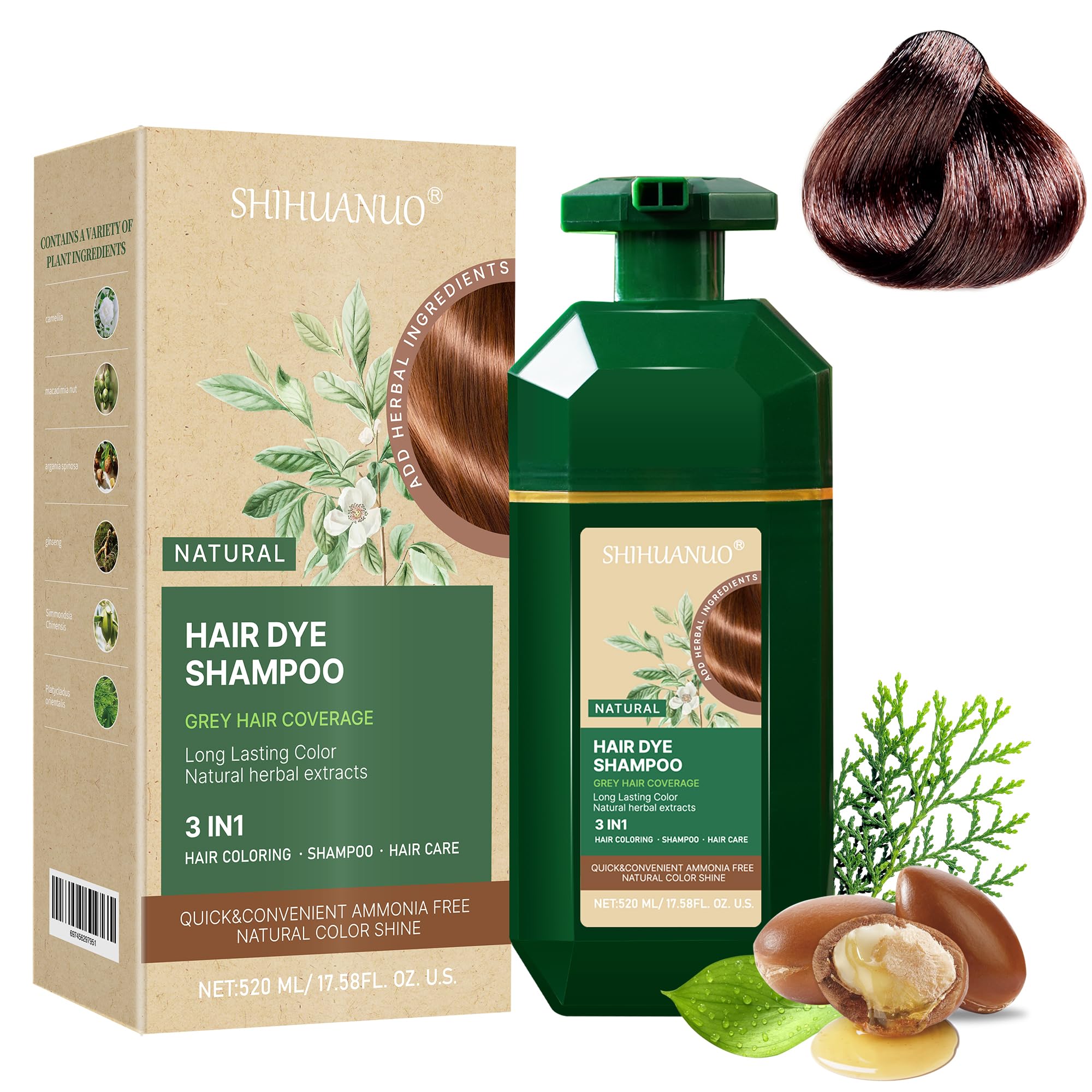 SHIHUANUO Hair Dye Shampoo 3-in-1 for Gray Hair Coverage – Ammonia-Free 520ml (Coffee)