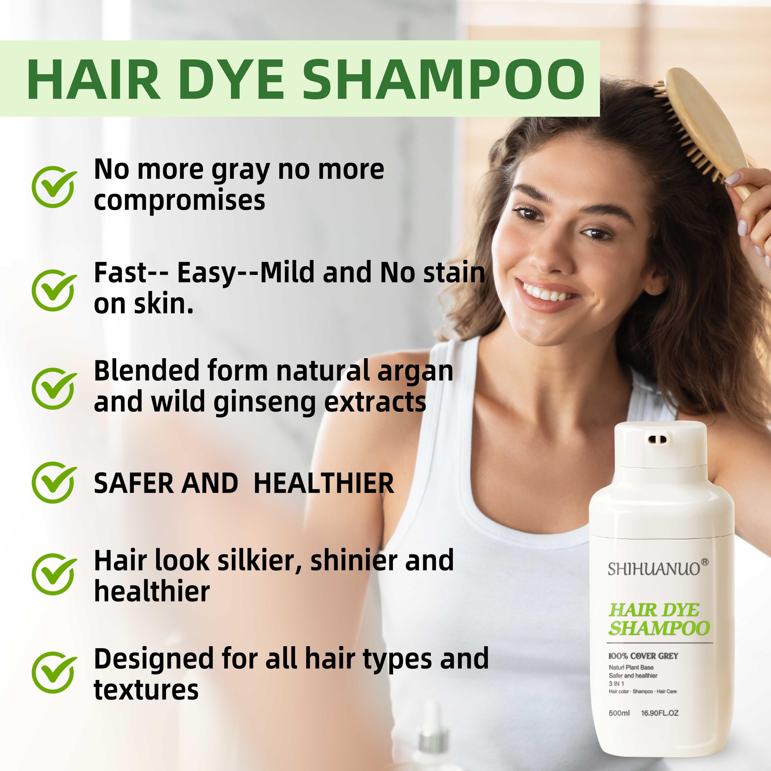 SHIHUANUO Hair Dye Shampoo 3-in-1 for Gray Hair Coverage | Ammonia-Free Argan Nut Formula 500ml