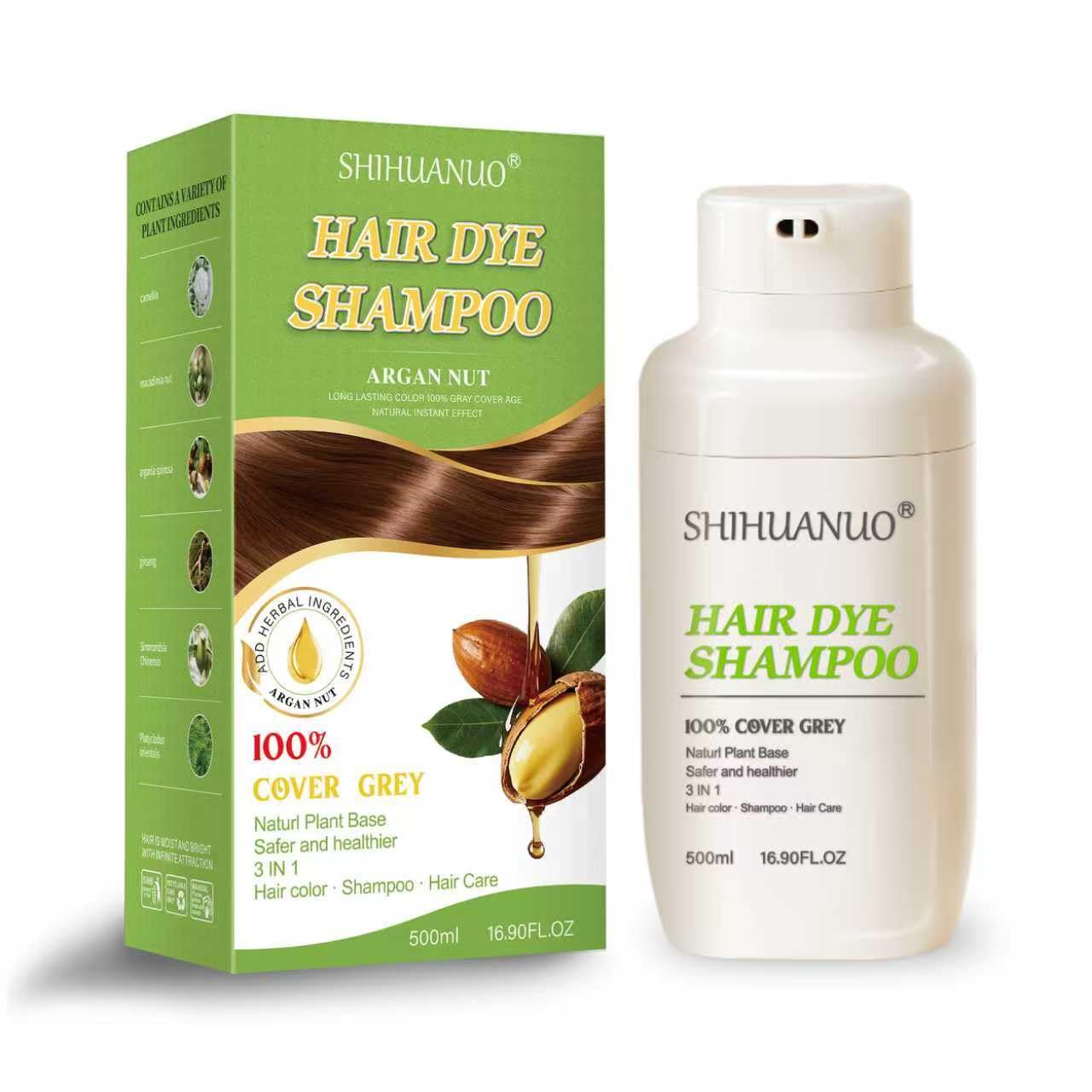 SHIHUANUO Hair Dye Shampoo 3-in-1 for Gray Coverage – Ammonia-Free Brown 500ml