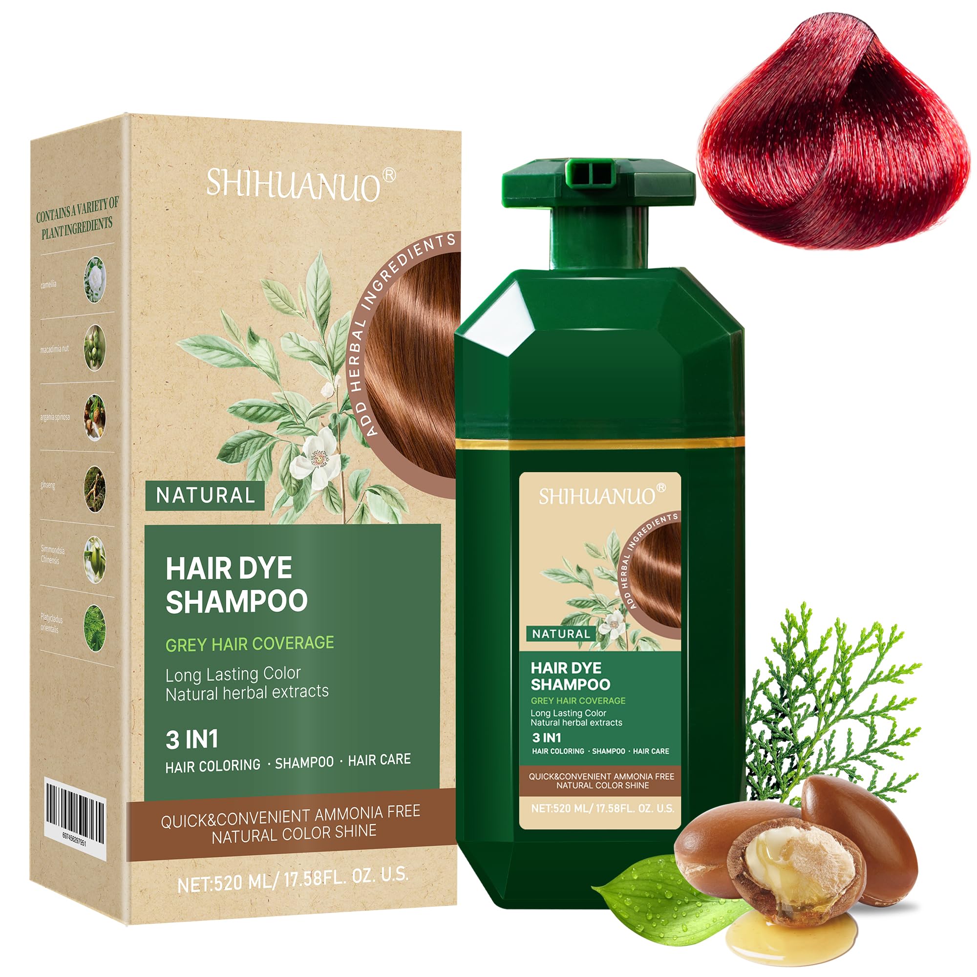 SHIHUANUO Hair Dye Shampoo 3-in-1 for Gray Hair – Ammonia-Free, Herbal, Wine Red