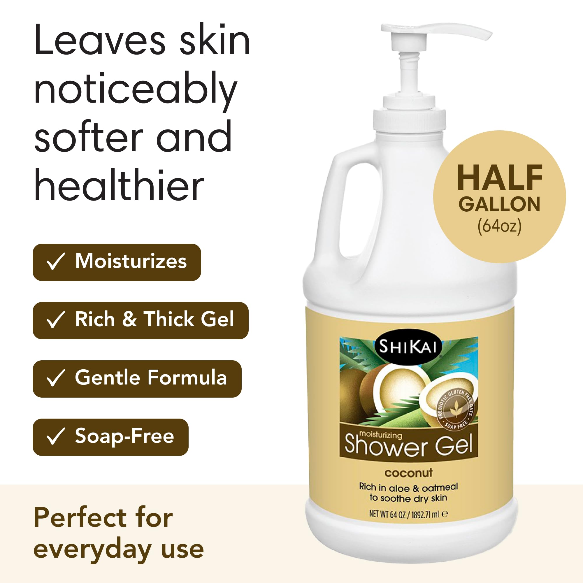 ShiKai Daily Moisturizing Shower Gel Coconut 64 oz | Gentle Soap-Free Body Wash with Aloe Vera & Oatmeal