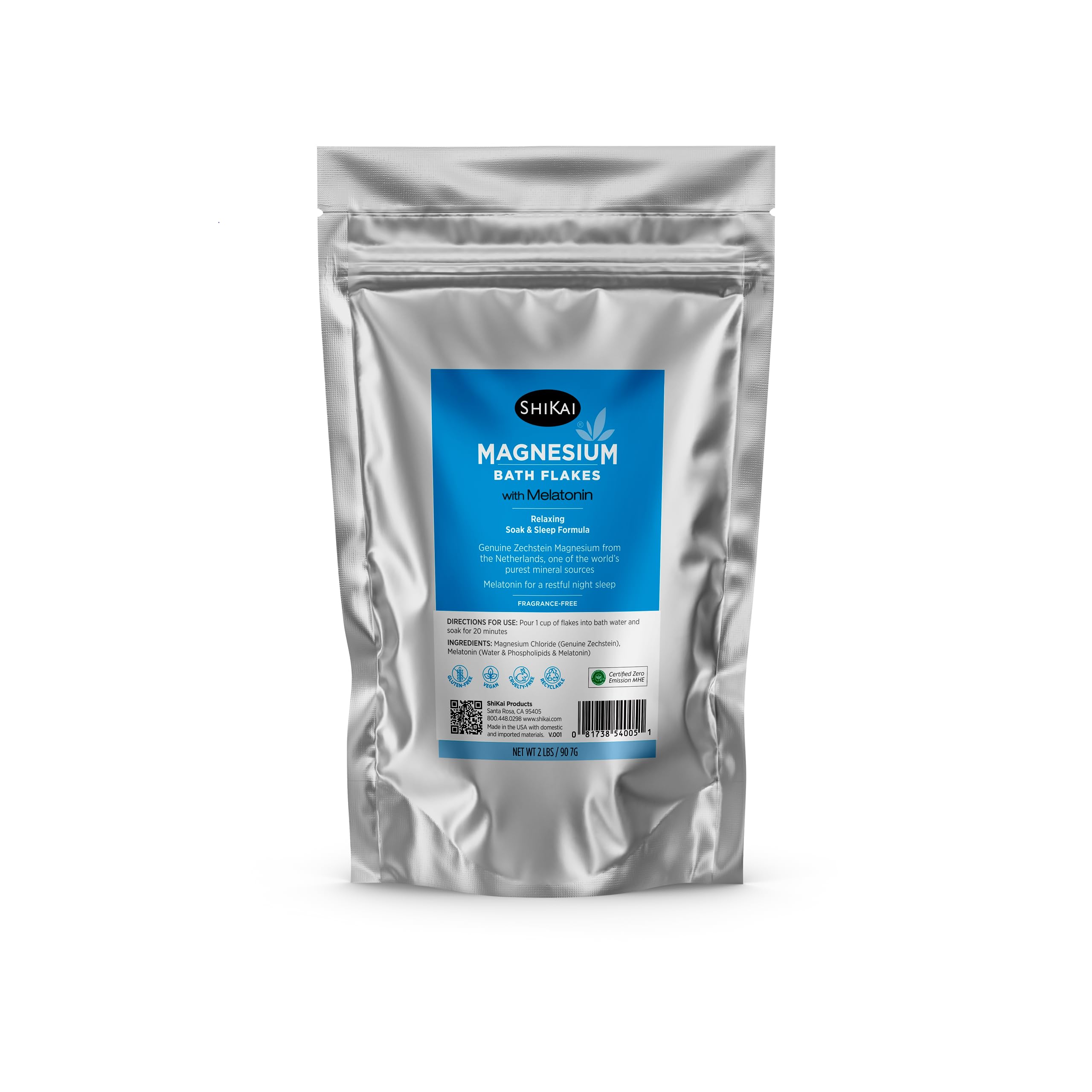 ShiKai Magnesium Bath Flakes with Melatonin (32 oz) – Fragrance-Free Sleep & Muscle Relief