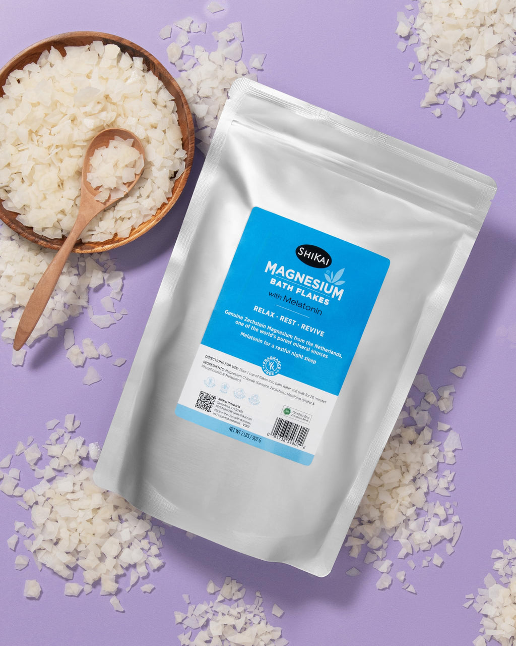 ShiKai Magnesium Bath Flakes with Melatonin (32 oz) – Fragrance-Free Sleep & Muscle Relief