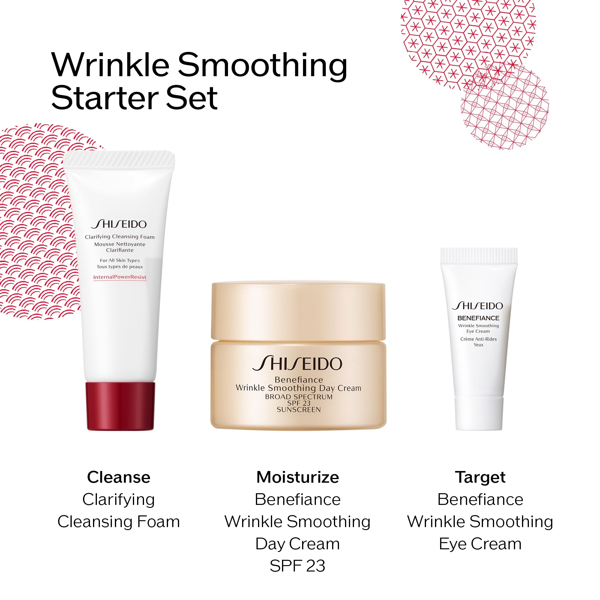 Shiseido Wrinkle Smoothing Ritual Set — Benefiance Day Cream SPF23 50ml + Cleansing Foam 50ml + Eudermine Essence 30ml + Night Cream 15ml | $133 Value