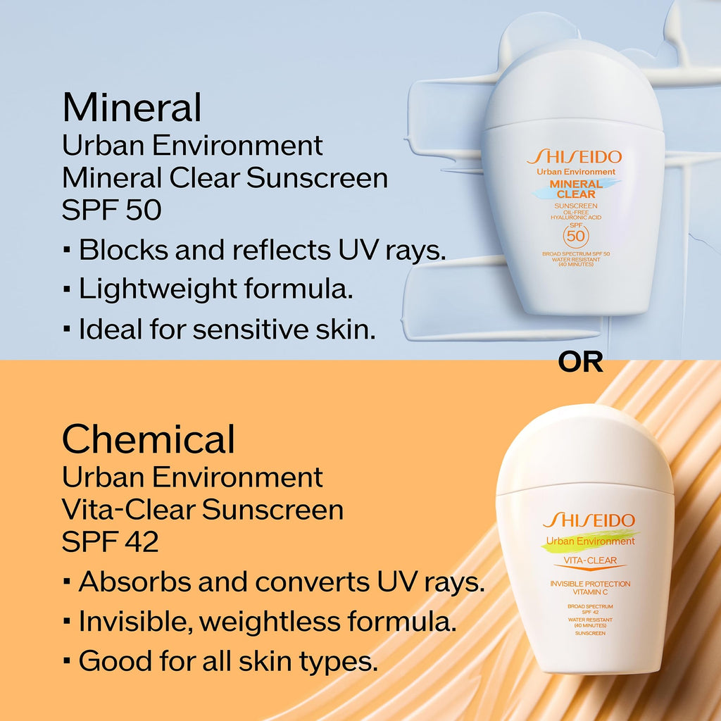 Shiseido Urban Environment Mineral Clear Sunscreen SPF 50 – Clear Finish, Improves Tone, Radiance, Wrinkles & Firmness (1 oz)