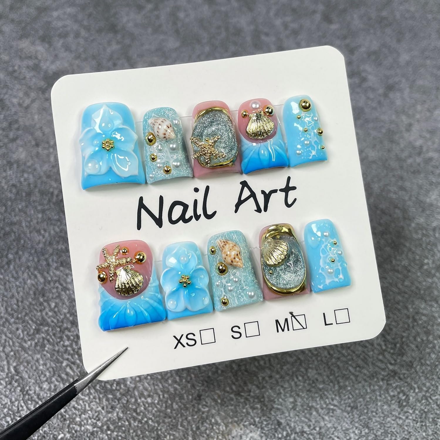 Short Duck Press on Nails — Handmade 3D Floral with Blue French Tip