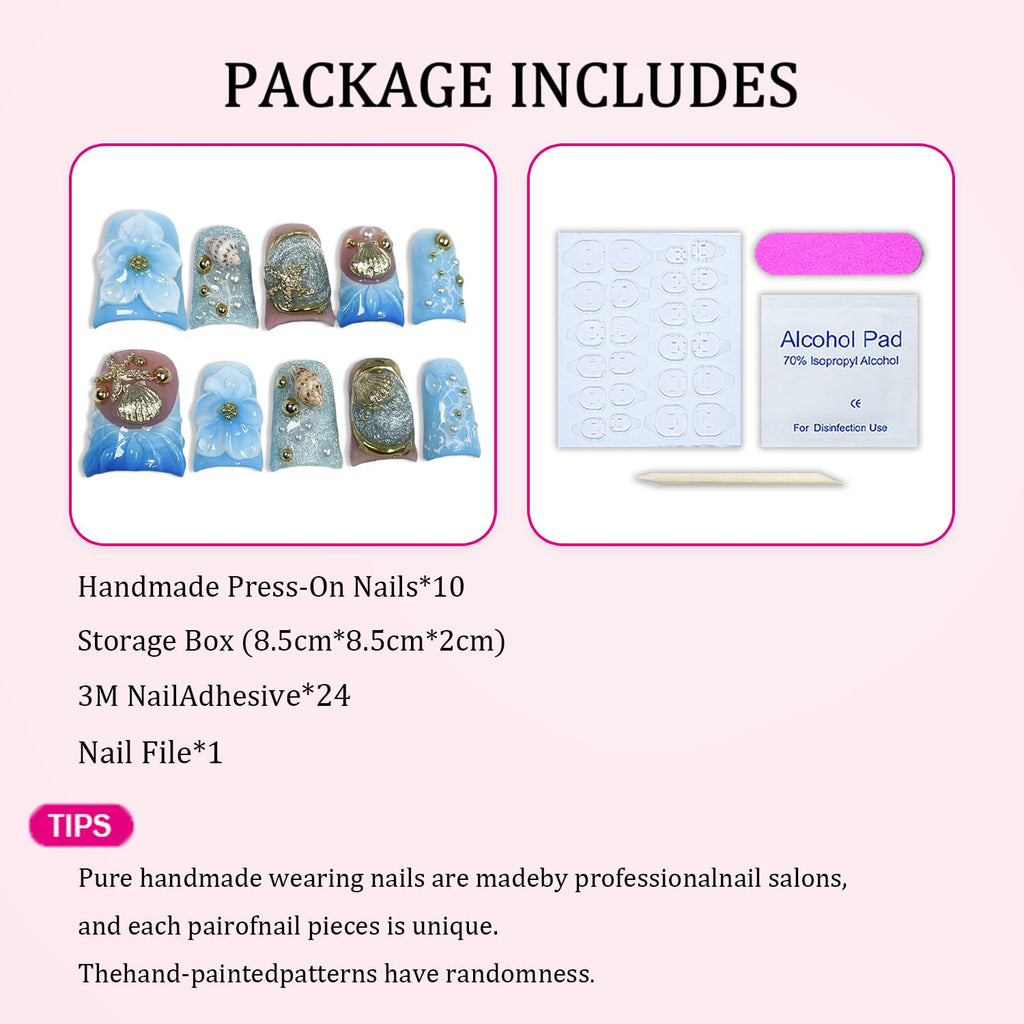Short Duck Press-On Nails | 3D Floral Gold Starfish & Shell Design with Blue French Tip