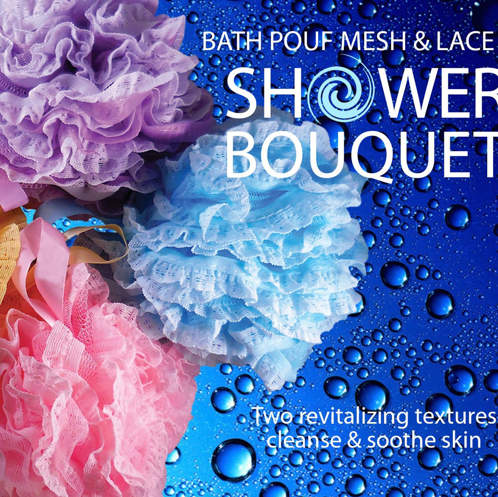 Shower Bouquet Lace-Mesh Loofah Set – 4-Pack 60g Poufs, Dual-Scrub Exfoliators