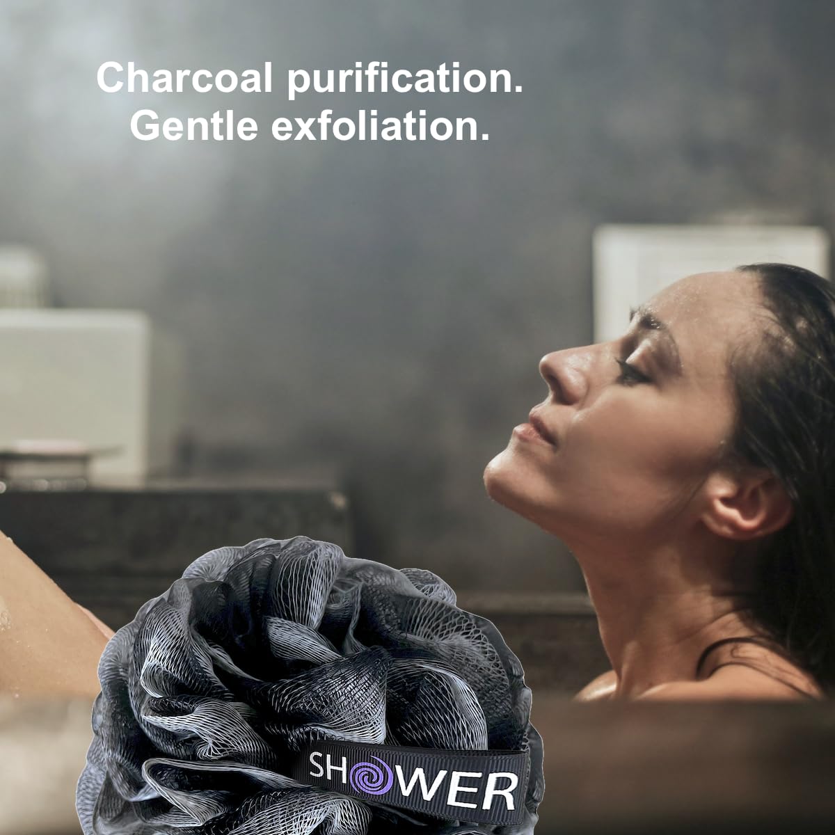 Shower Bouquet Loofah-Charcoal Back-Scrubber & Bath-Sponge Set | 17-Inch Back Brush + 2 Extra-Large 75g Mesh Loofahs