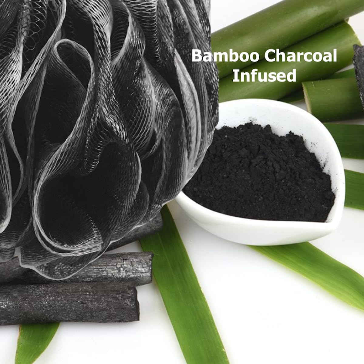 Shower Bouquet Loofah-Charcoal Back-Scrubber & Bath-Sponge Set | 17-Inch Back Brush + 2 Extra-Large 75g Mesh Loofahs