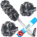 Shower Bouquet Loofah-Charcoal Back-Scrubber & Bath-Sponge Set | 17-Inch Back Brush + 2 Extra-Large 75g Mesh Loofahs