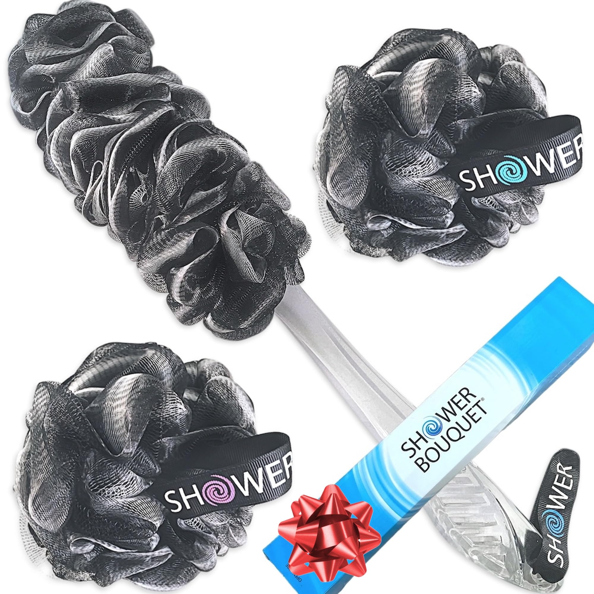 Shower Bouquet Loofah-Charcoal Back-Scrubber & Bath-Sponge Set | 17-Inch Back Brush + 2 Extra-Large 75g Mesh Loofahs