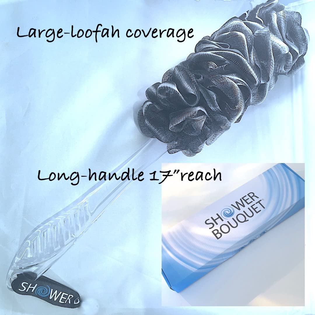 Shower Bouquet Loofah-Charcoal Back-Scrubber & Bath-Sponge Set | 17-Inch Back Brush + 2 Extra-Large 75g Mesh Loofahs