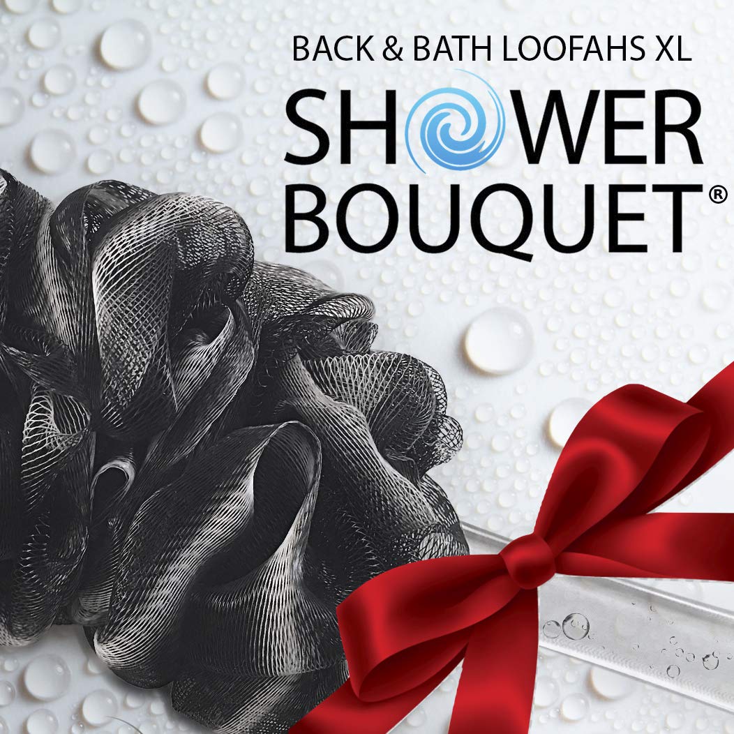 Shower Bouquet Loofah-Charcoal Back-Scrubber & Bath-Sponge Set | 17-Inch Back Brush + 2 Extra-Large 75g Mesh Loofahs