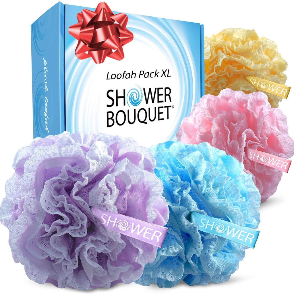 Shower Bouquet Lace-Mesh Loofah Set – 4-Pack 60g Poufs, Dual-Scrub Exfoliators
