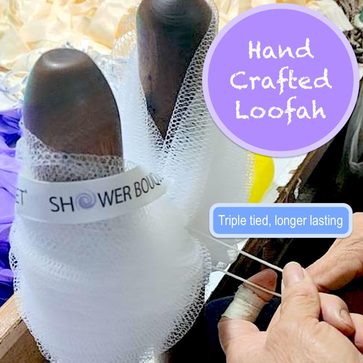 Shower Bouquet Loofah-Charcoal Back-Scrubber & Bath-Sponge Set | 17-Inch Back Brush + 2 Extra-Large 75g Mesh Loofahs