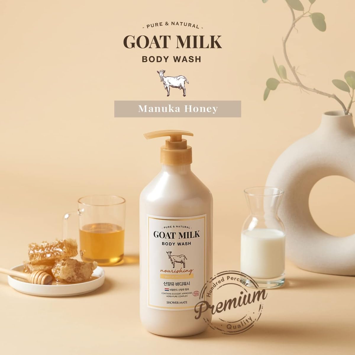 SHOWERMATE Pure & Natural Goat Milk Body Wash with Pump – Hydrating, pH-Balanced Cleanser