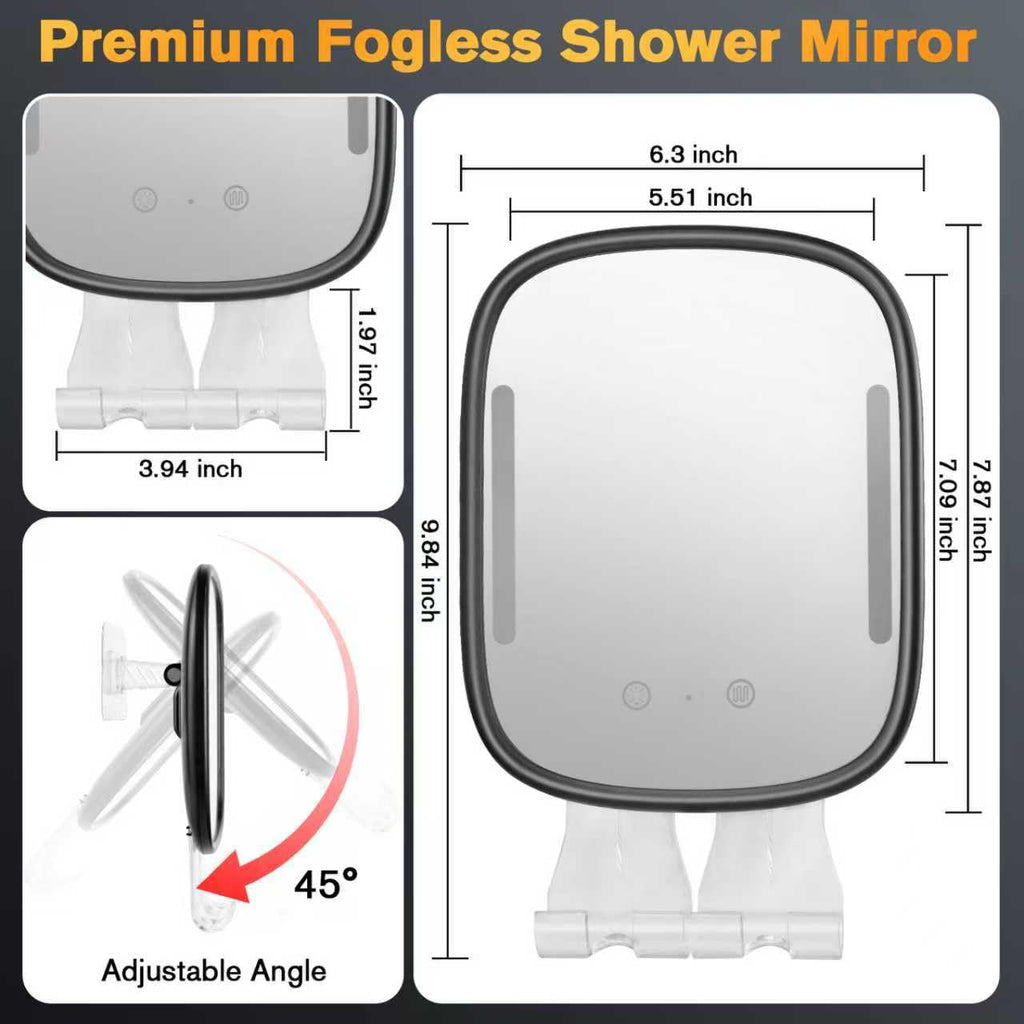 Showvigor Anti-Fog Shower Mirror for Shaving – Rechargeable LED Fogless Mirror with Heated Panel (Black)
