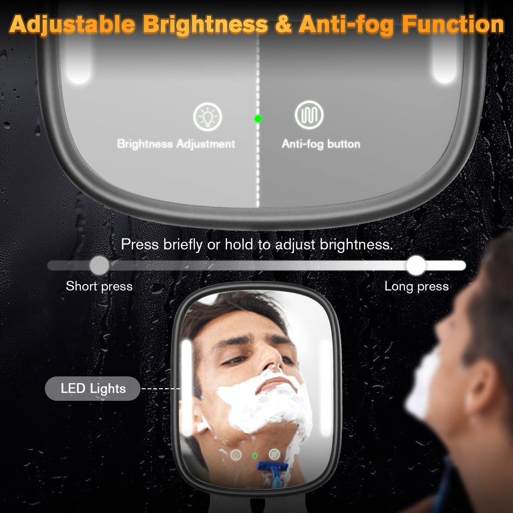 Showvigor Anti-Fog Shower Mirror for Shaving – Rechargeable LED Fogless Mirror with Heated Panel (Black)