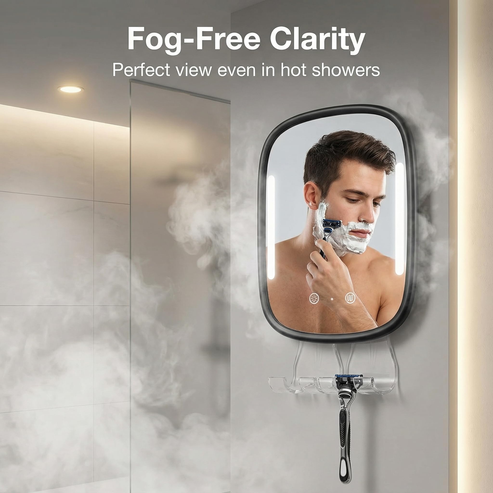 Showvigor Anti-Fog Shower Mirror for Shaving – Rechargeable LED Fogless Mirror with Heated Panel (Black)