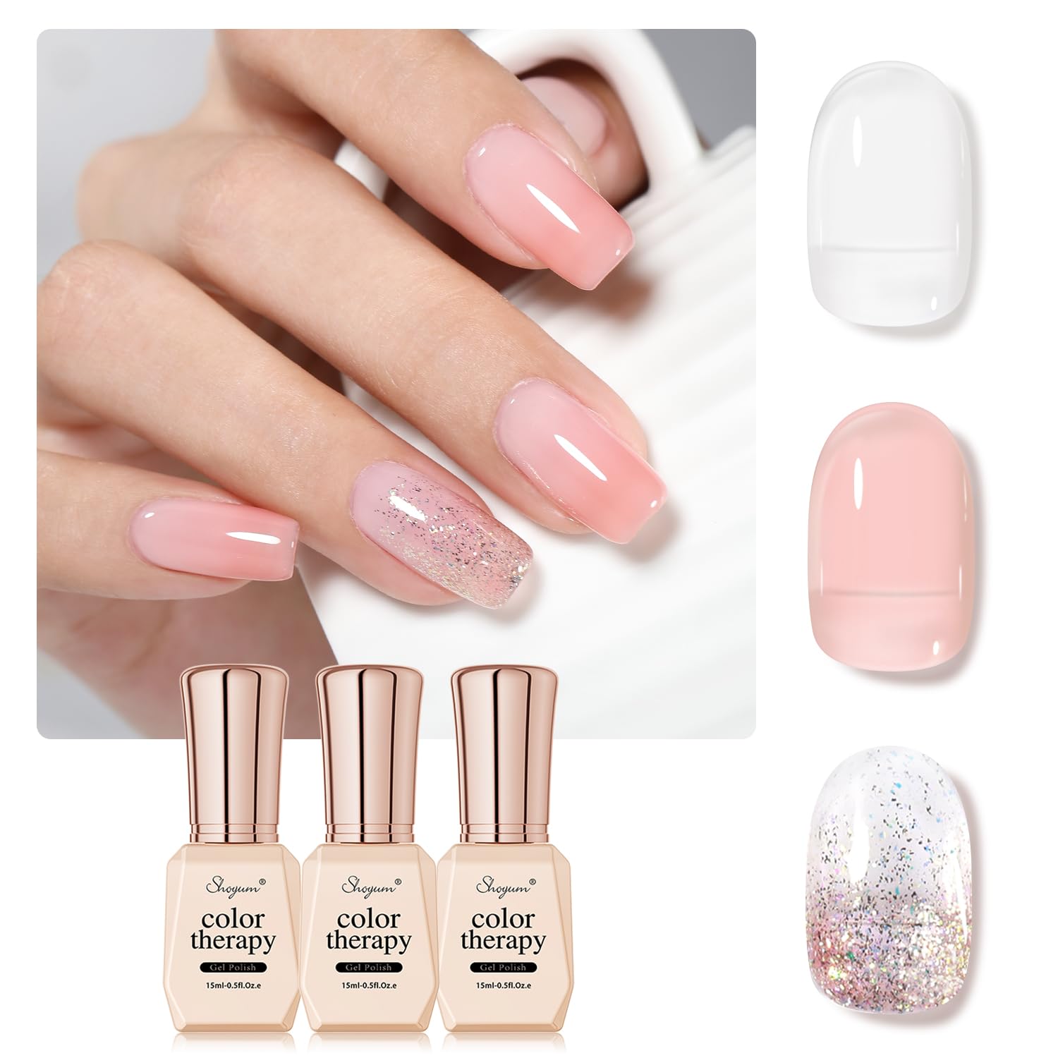 SHOYUM Gel x Nail Polish Kit – 3 Colors (15ml each): Sheer Pink, Milky White, Silvery Glitter
