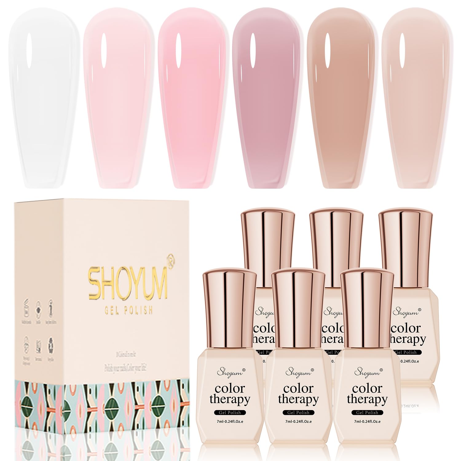 SHOYUM Jelly Gel Nail Polish Set – 6 Neutral Sheer Shades for DIY Manicure (Milky White, Nude, Pink) | UV Gel Polish Kit 2024